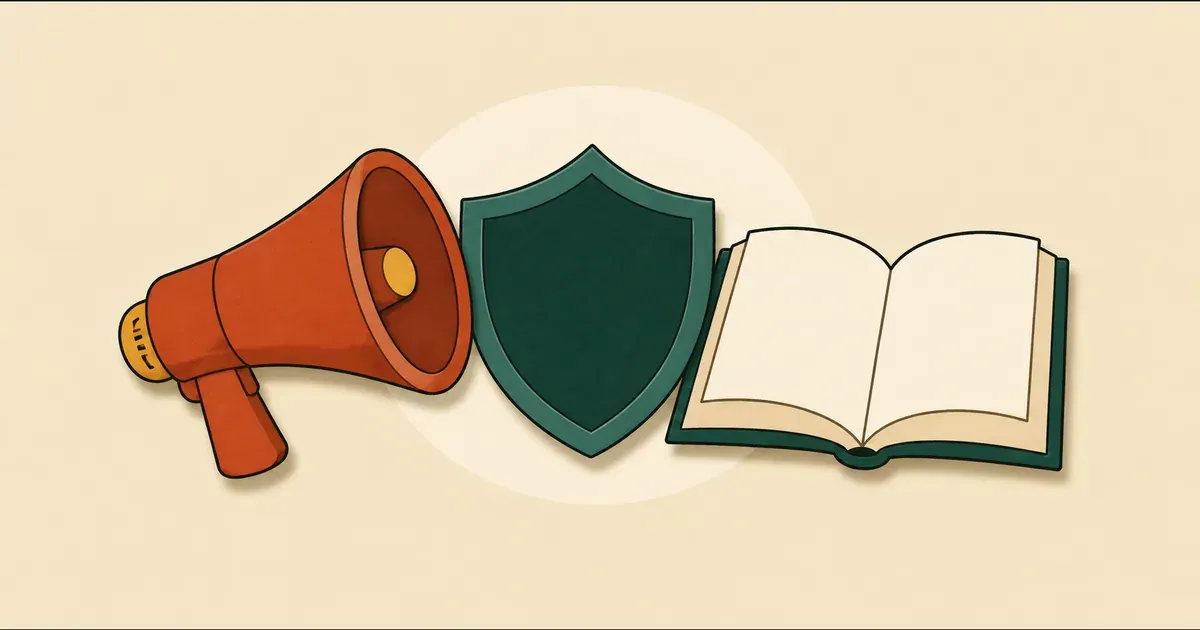 Un mégaphone terre cuite derrière un bouclier vert forêt et un livre crème.