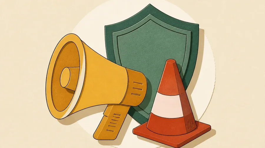Un mégaphone ocre fait face à un bouclier vert sauge et un cône