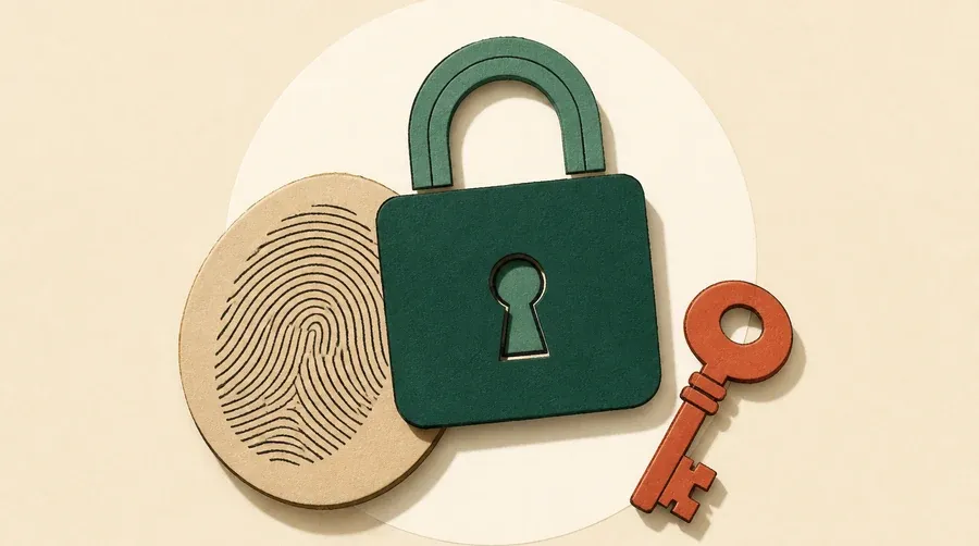 Un galet empreinte sable, un cadenas sombre et une clé terre cuite.