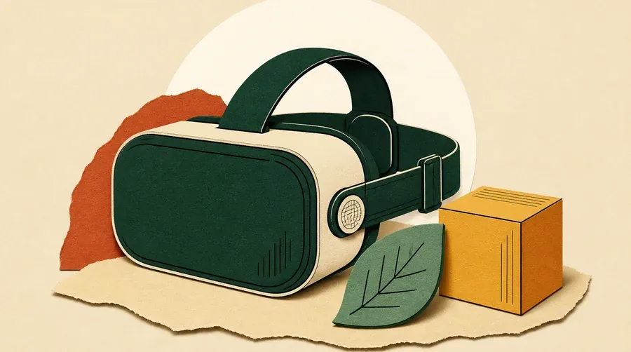 Un casque encre sombre posé près d'une feuille vert sauge et d'un cube ocre.