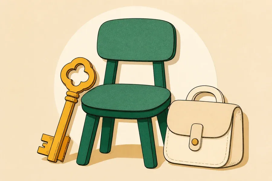 Une chaise vert sauge accompagne une clé ocre et une mallette crème.