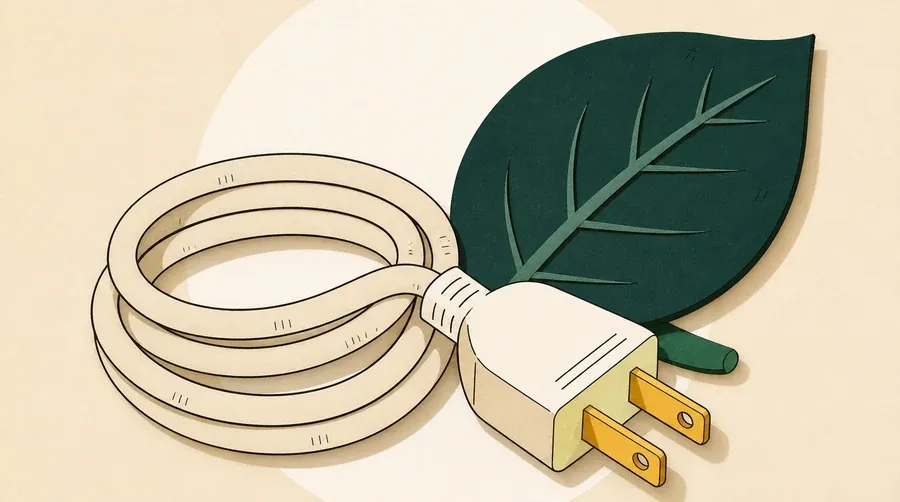 Un câble sombre, une prise crème et une feuille vert forêt.