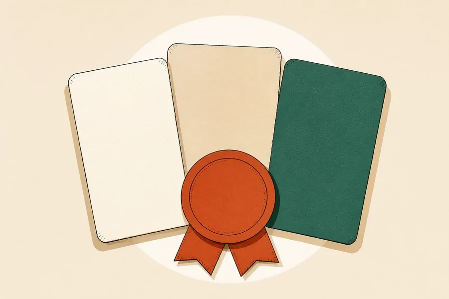 Trois cartes vierges crème, sable et sauge avec sceau terre cuite.