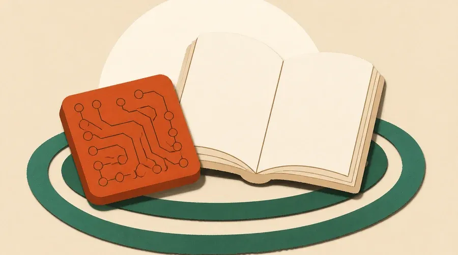 Une tuile électronique terre cuite repose près d’un livre crème ouvert.