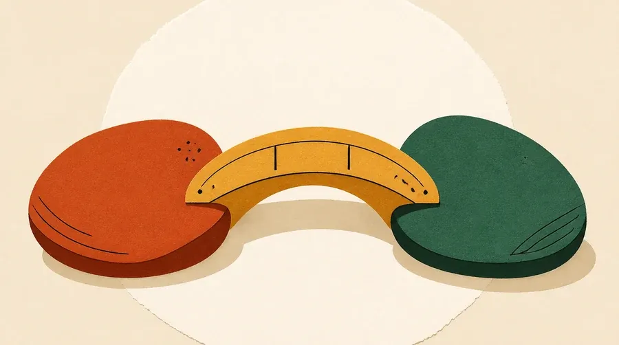 Deux galets terre cuite et sauge sont reliés par un pont ocre.