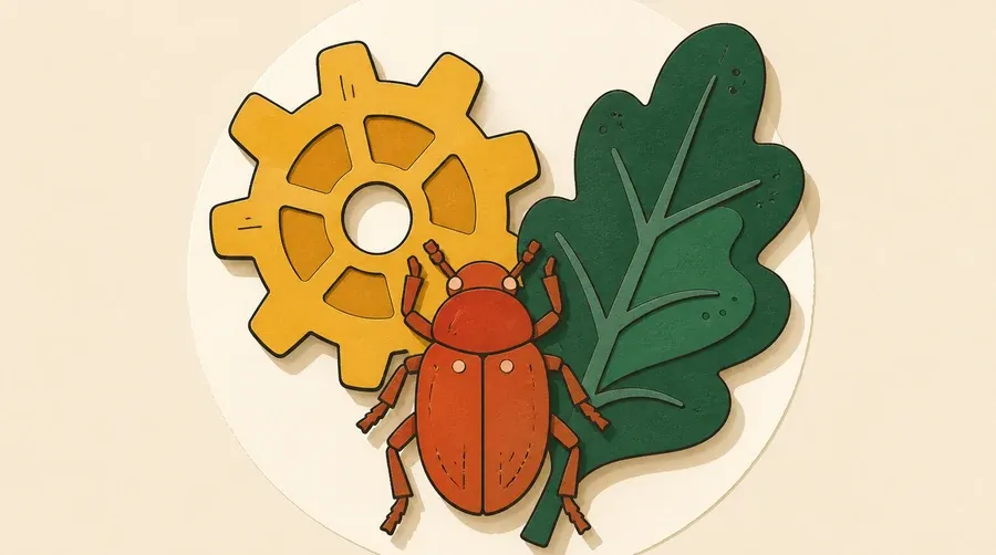 Un engrenage ocre, une feuille vert forêt et un scarabée terre cuite.