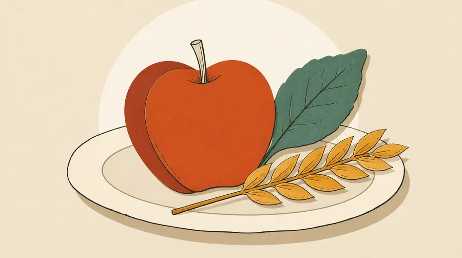 Assiette crème avec pomme terre cuite, feuille sauge et grain ocre.