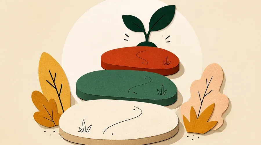 Trois pierres crème, sauge et terre cuite mènent vers une pousse vert forêt.
