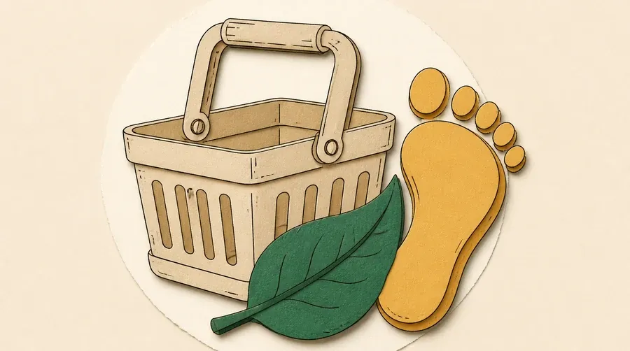 Un panier sable accompagne une feuille vert sauge et une empreinte ocre.