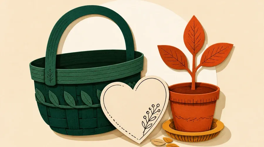 Panier vert forêt, cœur crème et jeune pousse terre cuite réunis.