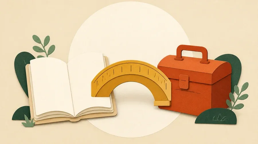 Un livre crème, une mallette terre cuite et un pont ocre.