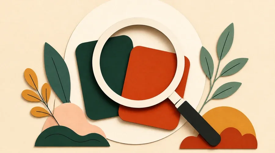 Une loupe crème observe deux tuiles mates, vert forêt et terre cuite.