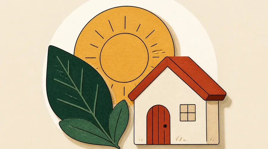 Un soleil ocre, une feuille verte et une petite maison crème.