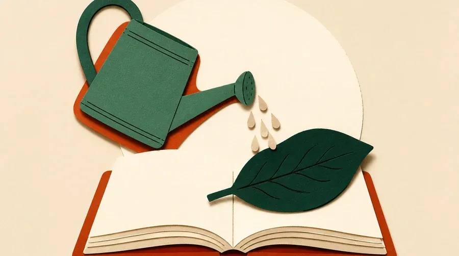Arrosoir vert sauge, feuille vert forêt et livre crème ouvert sans texte.
