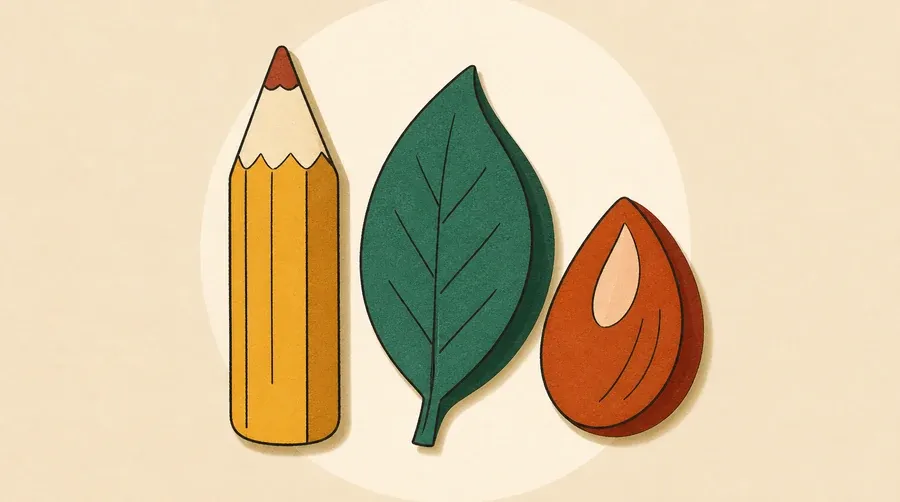 Un crayon ocre, une feuille vert sauge et une graine terre cuite s’alignent.