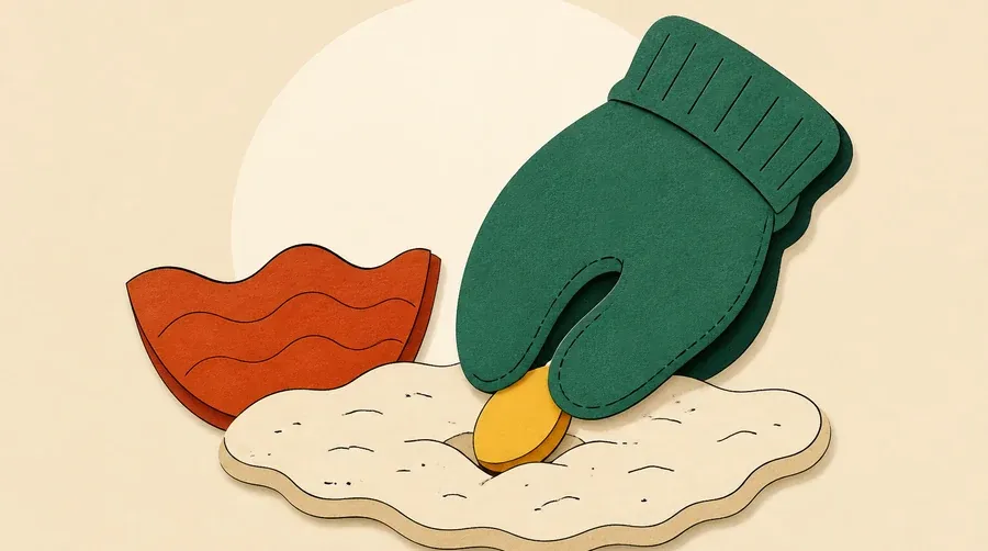 Une moufle vert sauge presse une graine ocre sur un sol crème.