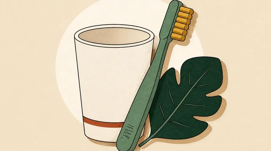 Une tasse crème, une brosse vert sauge et une feuille vert forêt.