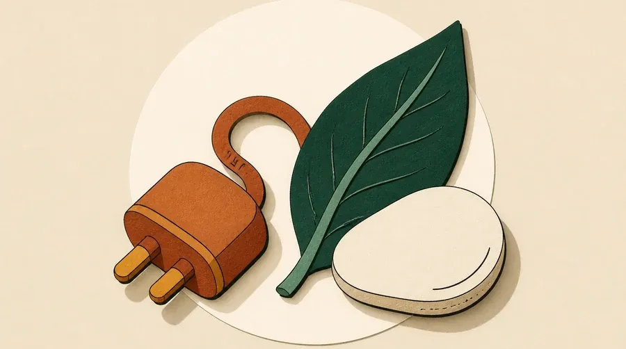 Prise terre cuite, feuille vert forêt et galet crème sans symbole.