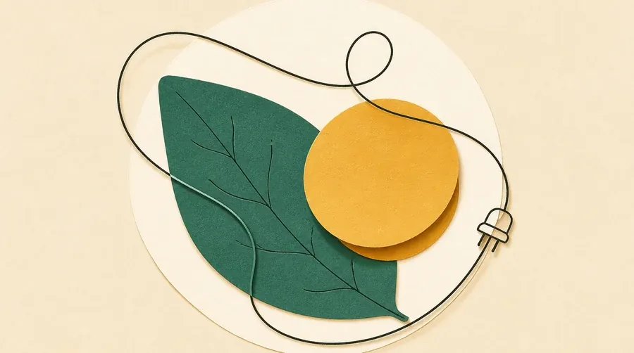 Câble encre sombre débranché, feuille vert sauge et disque ocre central.