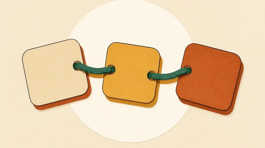 Corde vert sauge reliant trois tuiles vierges sable, ocre et terre cuite.