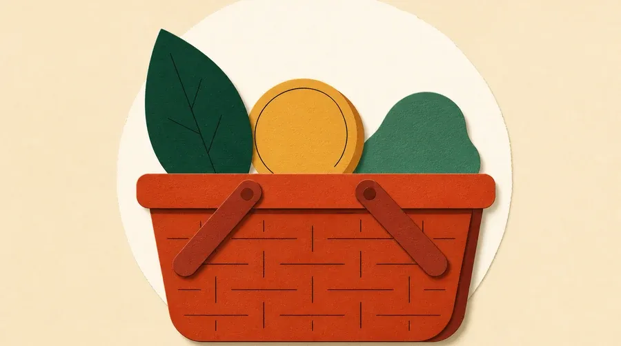 Panier terre cuite avec feuille vert forêt, jeton ocre et galet sauge.