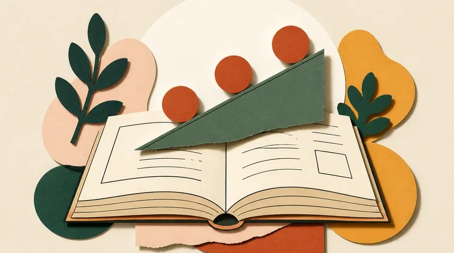 Livre crème, rampe vert sauge et trois points terre cuite.