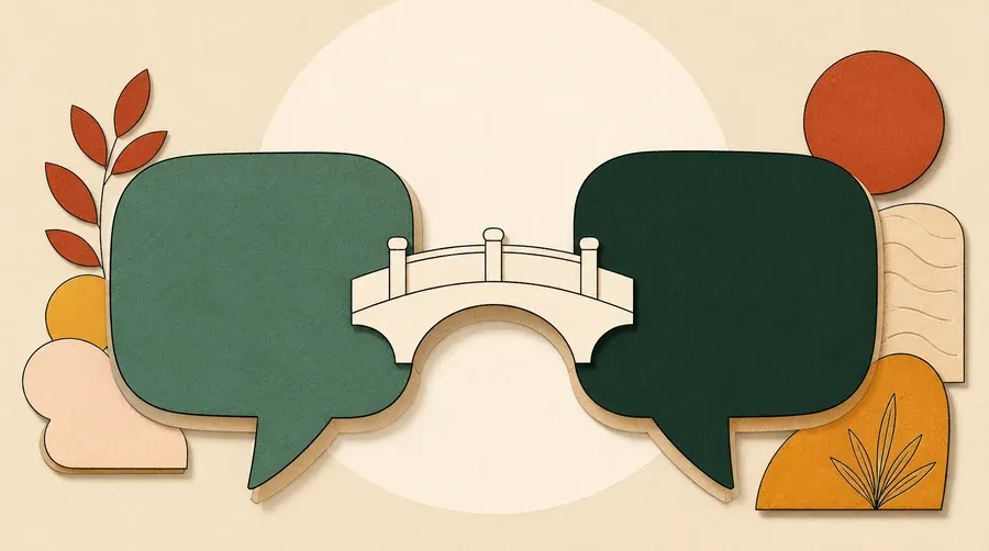 Deux bulles vert sauge et vert forêt entourent un pont crème.