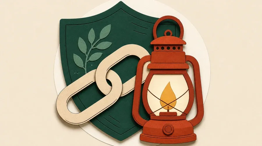 Bouclier vert forêt, maillon sable et lanterne terre cuite groupés.