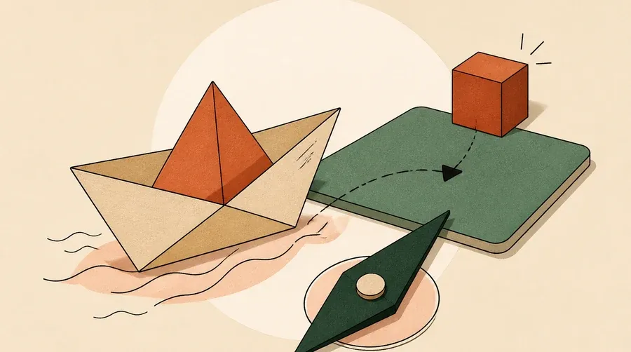 Un bateau sable approche un tapis sauge avec boussole verte et cube terre cuite.