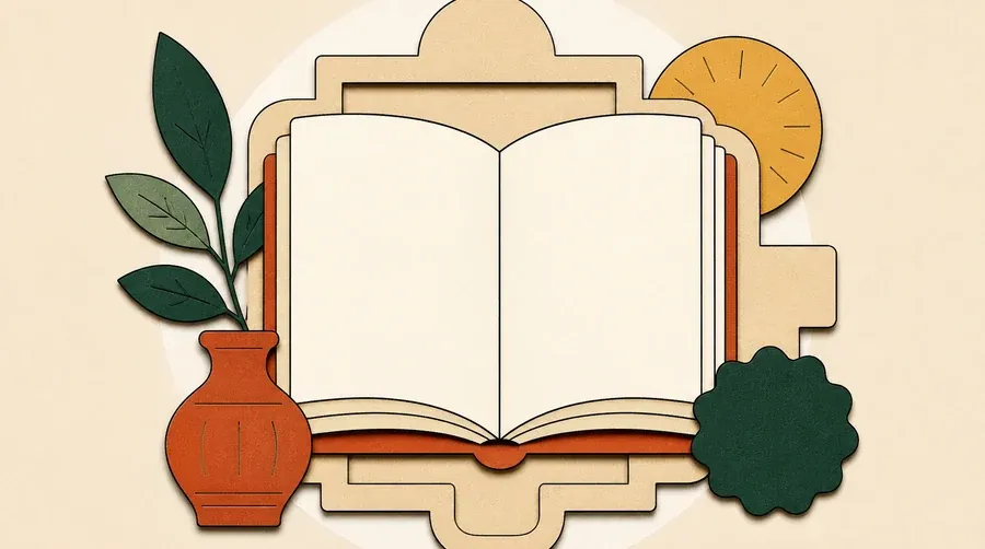 Un livre crème, un cadre sable et un sceau vert sans marques.