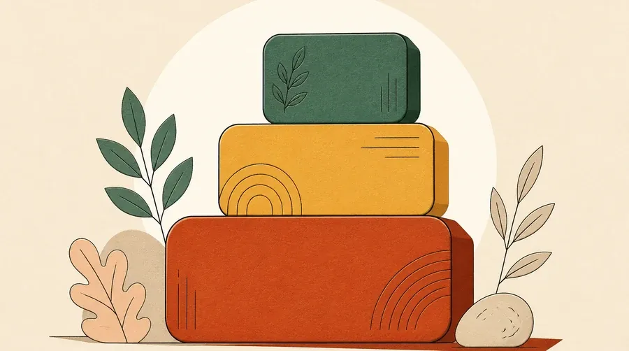 Trois blocs terre cuite, ocre et vert sauge forment une pile ascendante.
