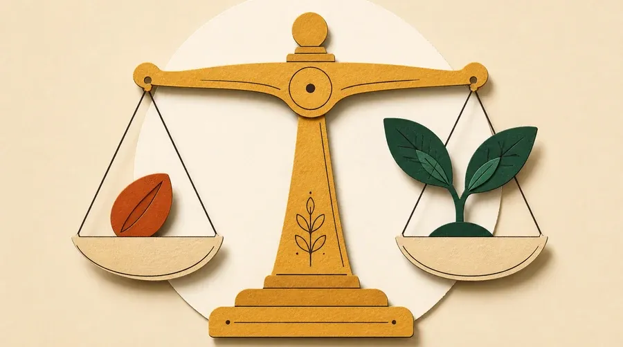 Une balance ocre porte une graine terre cuite et une pousse vert forêt.