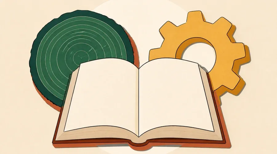 Un livre crème, un disque d’arbre vert et un rouage ocre.