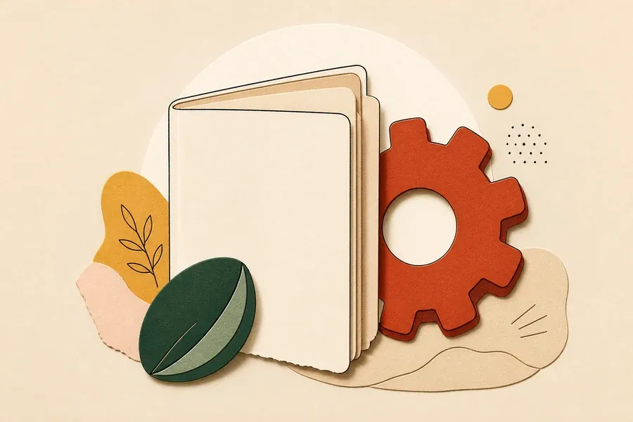 Un livre crème, un engrenage terre cuite et une graine vert forêt.