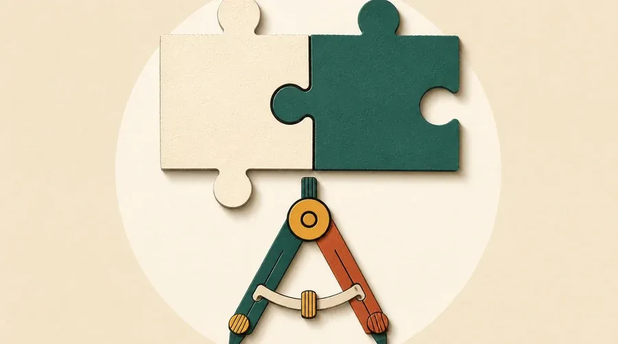 Deux pièces de puzzle crème et sauge rejoignent une boussole sombre.