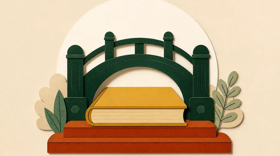 Un pont vert forêt porte un livre ocre au-dessus d'une marche terre cuite.