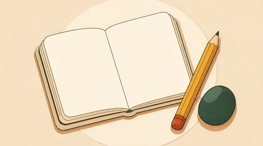 Un carnet crème ouvert, un crayon ocre et un galet vert forêt.