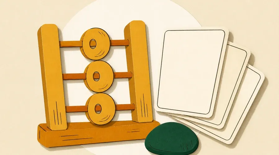 Un boulier ocre, trois cartes crème et un galet vert forêt alignés.