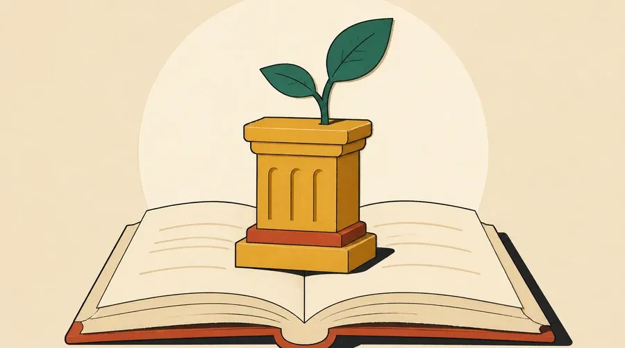 Un livre crème porte un pilier ocre et une pousse vert forêt.