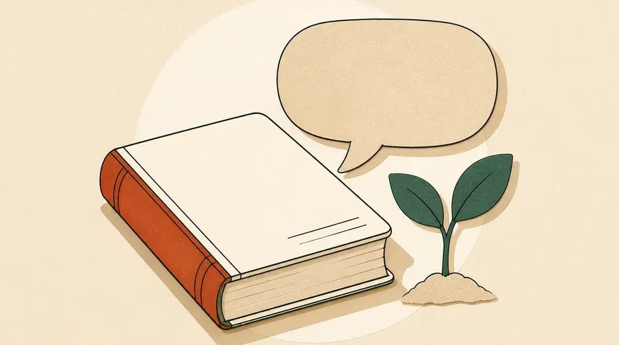 Livre crème fermé, bulle sable vide et petite pousse vert forêt.