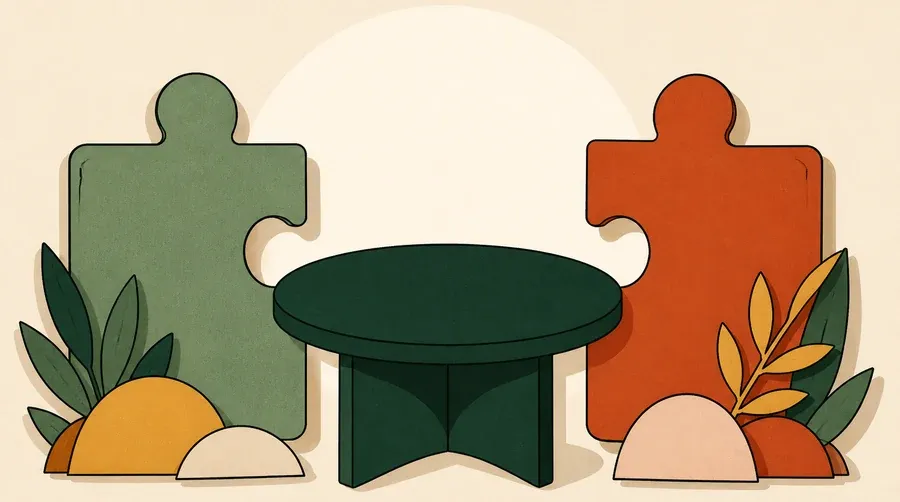Deux pièces puzzle vert sauge et terre cuite entourent une table vert forêt.