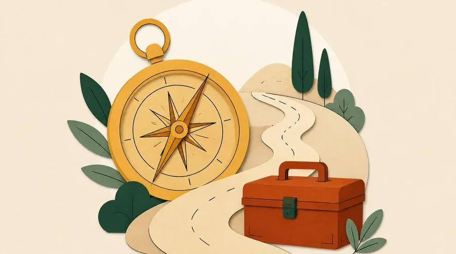 Un compas ocre, un chemin sable et une boîte terre cuite.