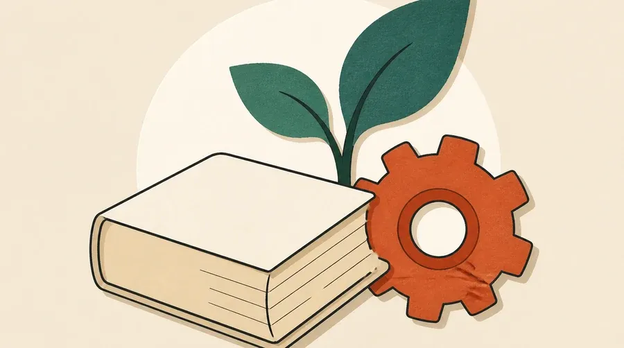 Bloc livre crème, pousse vert forêt et engrenage terre cuite.