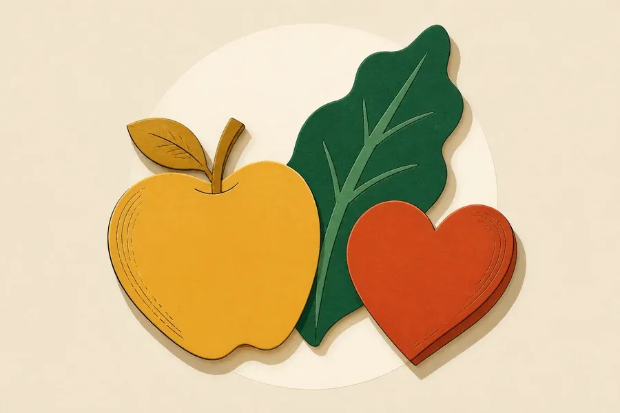 Une pomme ocre, une feuille vert forêt et un cœur terre cuite.