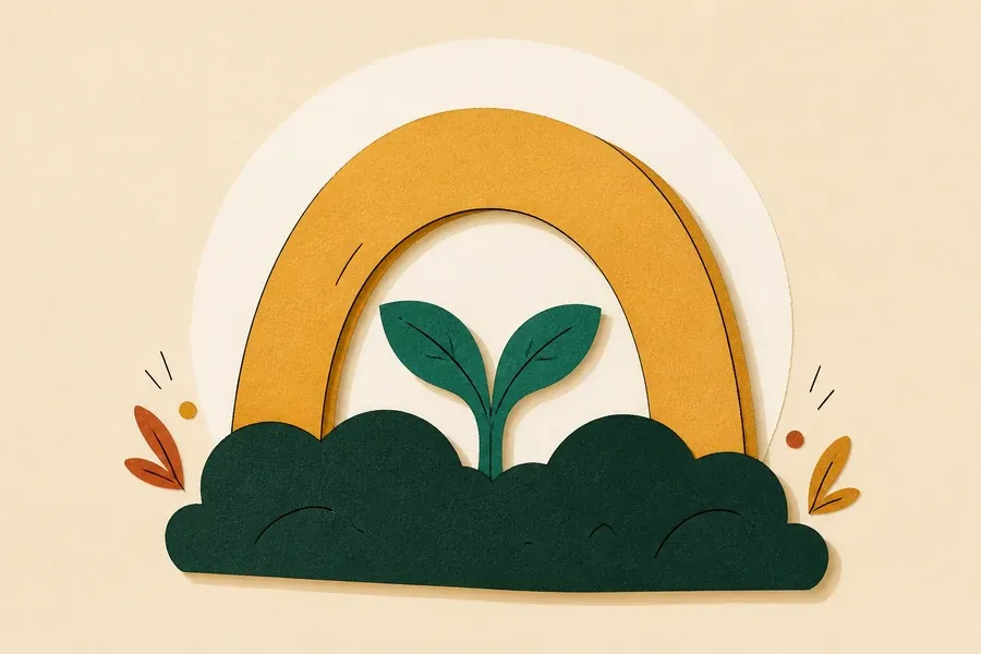 Nuage vert forêt, pousse sauge et arche ocre, formes apaisées.