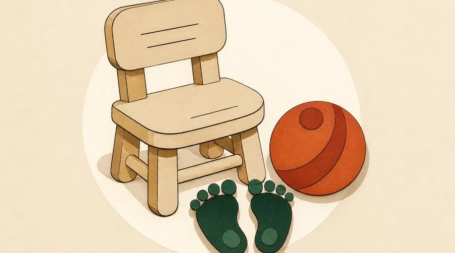 Chaise sable, balle terre cuite et empreintes vert forêt au centre.