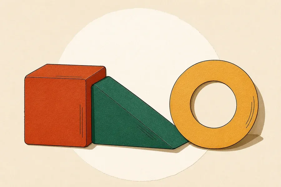 Une rampe vert sauge relie un cube terre cuite à un anneau ocre.