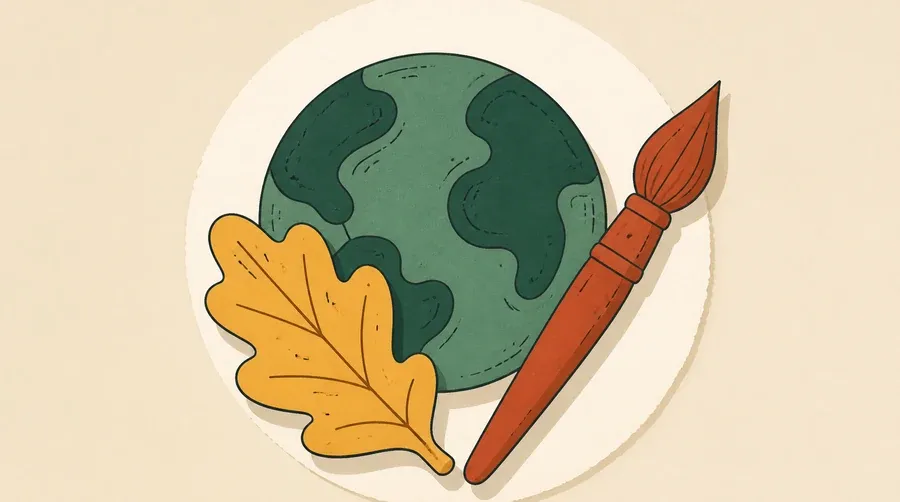 Planète vert sauge, feuille ocre et pinceau terre cuite groupés.