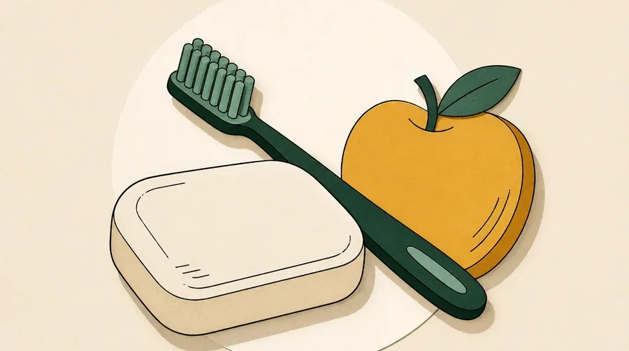 Savon crème, brosse vert forêt et pomme ocre posés ensemble.