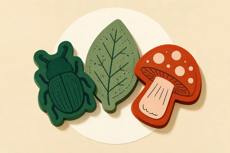 Un scarabée vert, une feuille sauge et un champignon terre cuite.